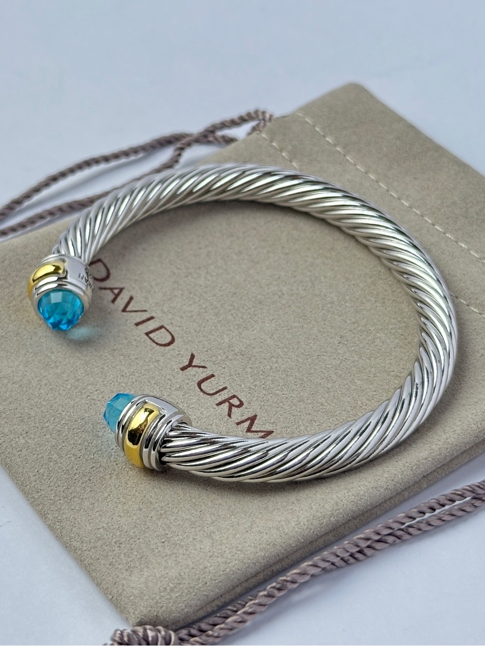 David Yurman Sterling Silver 14K Yellow Gold & Blue Topaz Cable Bracelet Size L